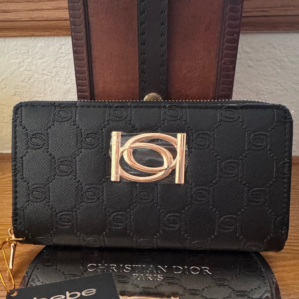 Bebe Esme Saffiano Monogram Black Wallet with Gold Accents Zip Around